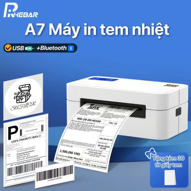 RHEBAR Máy in nhiệt A7 in đơn hàng, mã vận đơn, mã vạch, phiếu gửi hàng, logo có sẵn lớp keo tự dính,Bluetooth