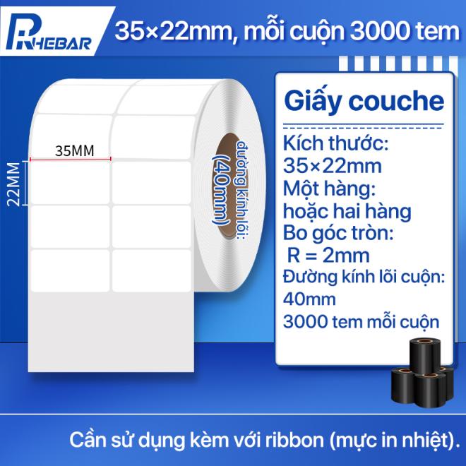 Giấy Couche In Tem Nh&atilde;n Rhebar &ndash; 35mm x 22mm-3000 tem &ndash; In M&atilde; Vạch Sắc N&eacute;t &ndash; D&ugrave;ng Với Mực Ribbon