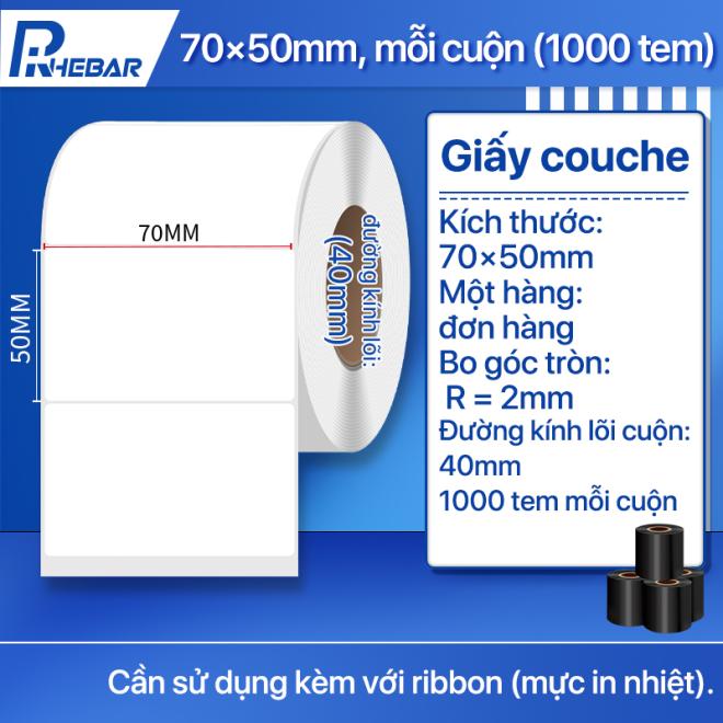 Giấy In Tem Nh&atilde;n Rhebar &ndash; Đa K&iacute;ch Thước 70mm x 50mm&ndash; In M&atilde; Vạch Sắc N&eacute;t &ndash; D&ugrave;ng Với Mực Ribbon