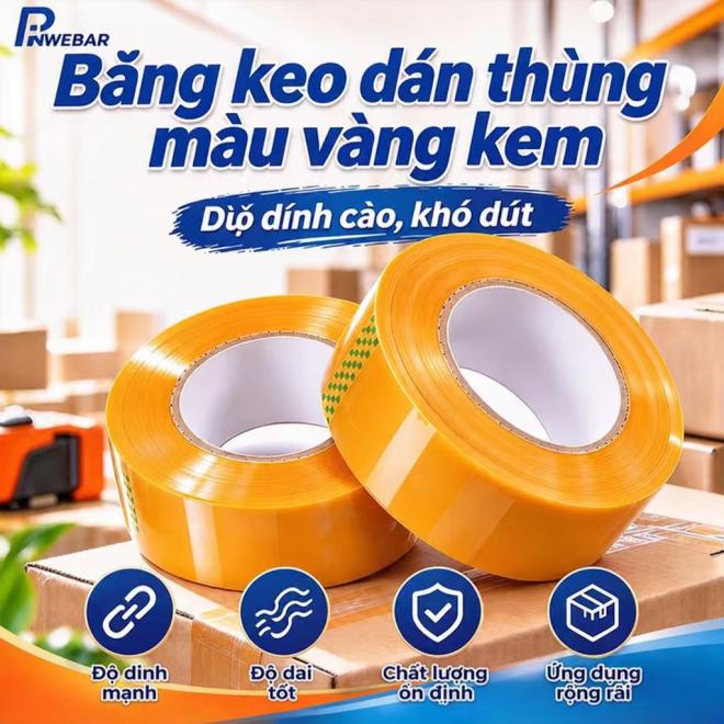 Băng Keo D&aacute;n Th&ugrave;ng M&agrave;u V&agrave;ng Kem Cao Cấp - Băng D&iacute;nh Đ&oacute;ng H&agrave;ng BOPP Si&ecirc;u B&aacute;m D&iacute;nh, Độ Dai Cao Kh&oacute; Đứt