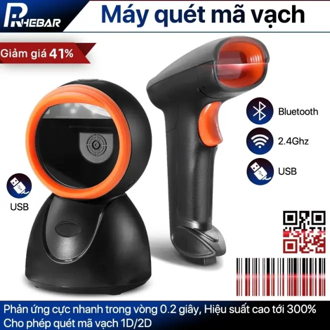 Rhebar Máy Quét Mã Vạch 1D/2D/QR Không Dây 2.4Ghz/Bluetooth/USB - Cho Kho Vận & Thu Ngân