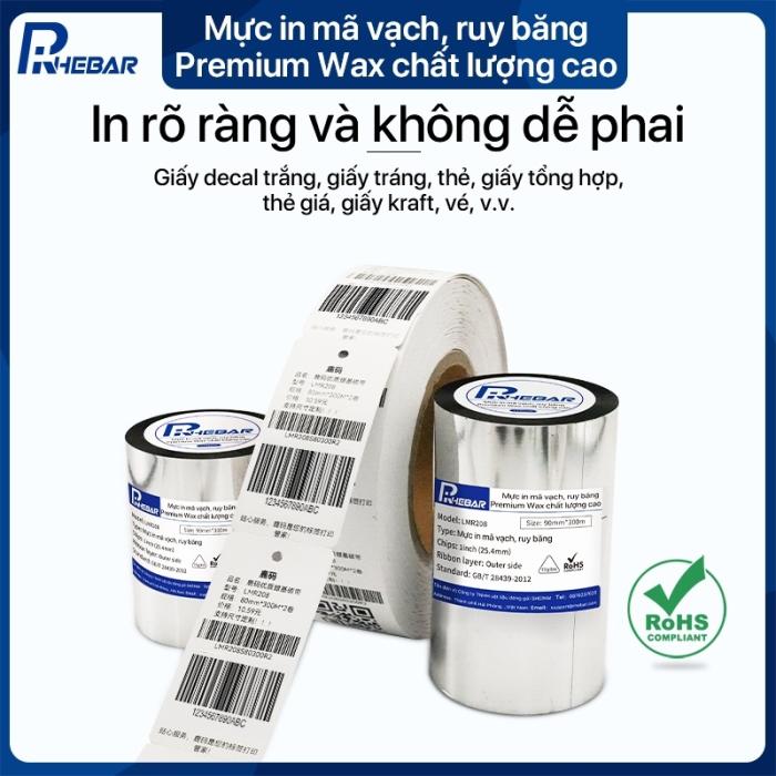 Rhebar Mực in mã vạch Premium Wax Ribbon  LMR208 chất lượng cao 110mm*300m & 70mm*300m in rõ nét không dễ phai RoHS compliant cho giấy decal trắng và thẻ