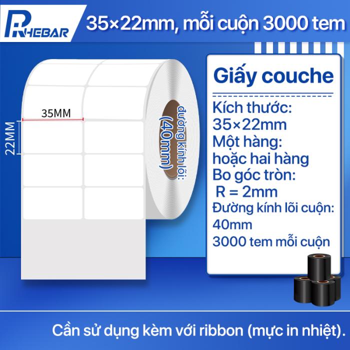 Giấy Couche In Tem Nh&atilde;n Rhebar &ndash; 35mm x 22mm-3000 tem &ndash; In M&atilde; Vạch Sắc N&eacute;t &ndash; D&ugrave;ng Với Mực Ribbon