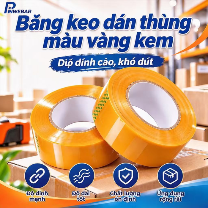 Băng Keo D&aacute;n Th&ugrave;ng M&agrave;u V&agrave;ng Kem Cao Cấp - Băng D&iacute;nh Đ&oacute;ng H&agrave;ng BOPP Si&ecirc;u B&aacute;m D&iacute;nh, Độ Dai Cao Kh&oacute; Đứt