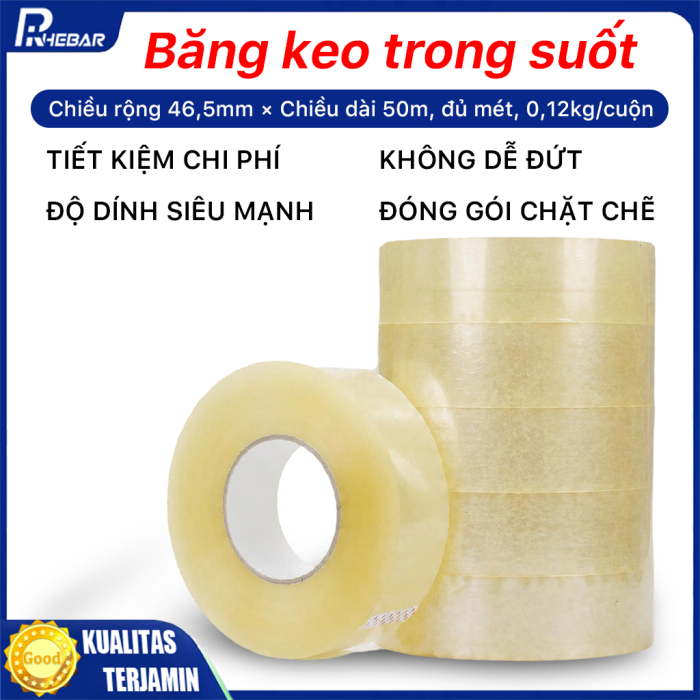 Băng Keo PE Trong Suốt RHEBAR 46.5mm Đủ M&eacute;t D&aacute;n Th&ugrave;ng Carton Độ D&iacute;nh Cao 50m 90m 340m 60 Micron