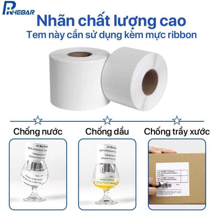 Giấy Couche In Tem Nh&atilde;n Rhebar &ndash; 35mm x 22mm-3000 tem &ndash; In M&atilde; Vạch Sắc N&eacute;t &ndash; D&ugrave;ng Với Mực Ribbon