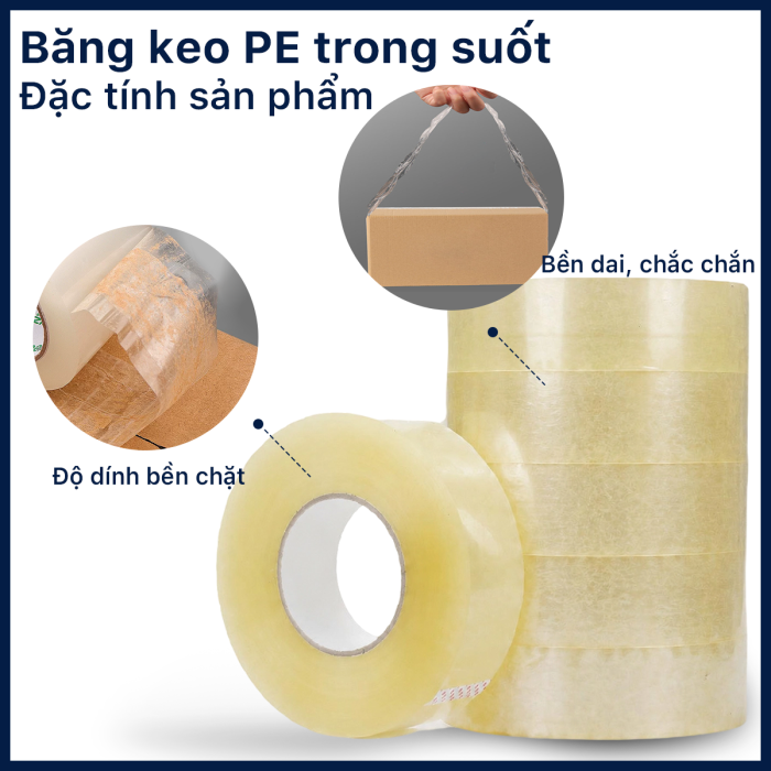 Băng Keo PE Trong Suốt RHEBAR 46.5mm Đủ M&eacute;t D&aacute;n Th&ugrave;ng Carton Độ D&iacute;nh Cao 50m 90m 340m 60 Micron
