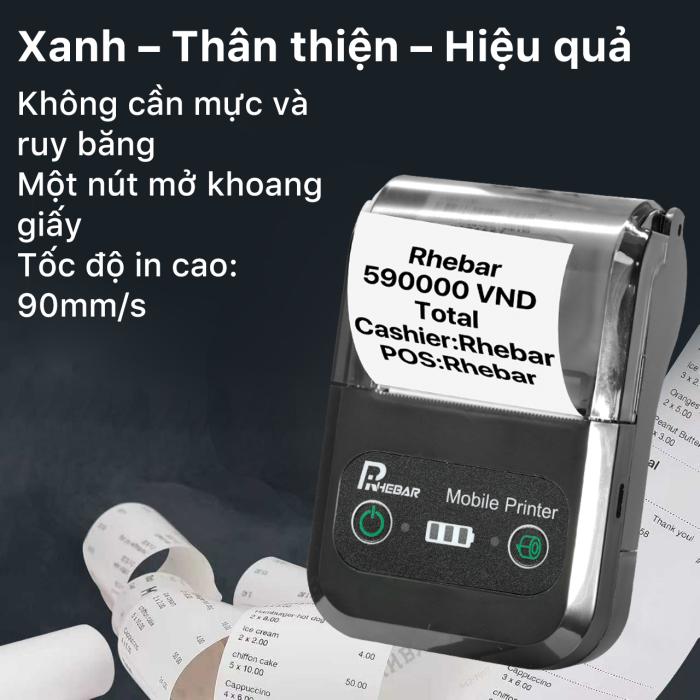 Rhebar Máy In 58mm – In Nhanh 90mm/s, Hóa Đơn Sắc Nét - Hỗ Trợ Mọi POS, In Nhanh – Pin Khủng – Bền Bỉ -In 203dpi - Dễ Sử Dụng