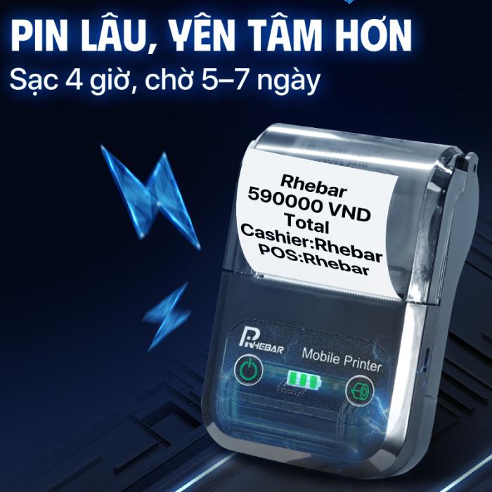 Rhebar Máy In 58mm – In Nhanh 90mm/s, Hóa Đơn Sắc Nét - Hỗ Trợ Mọi POS, In Nhanh – Pin Khủng – Bền Bỉ -In 203dpi - Dễ Sử Dụng