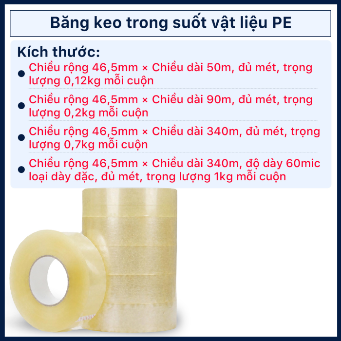 Băng Keo PE Trong Suốt RHEBAR 46.5mm Đủ M&eacute;t D&aacute;n Th&ugrave;ng Carton Độ D&iacute;nh Cao 50m 90m 340m 60 Micron