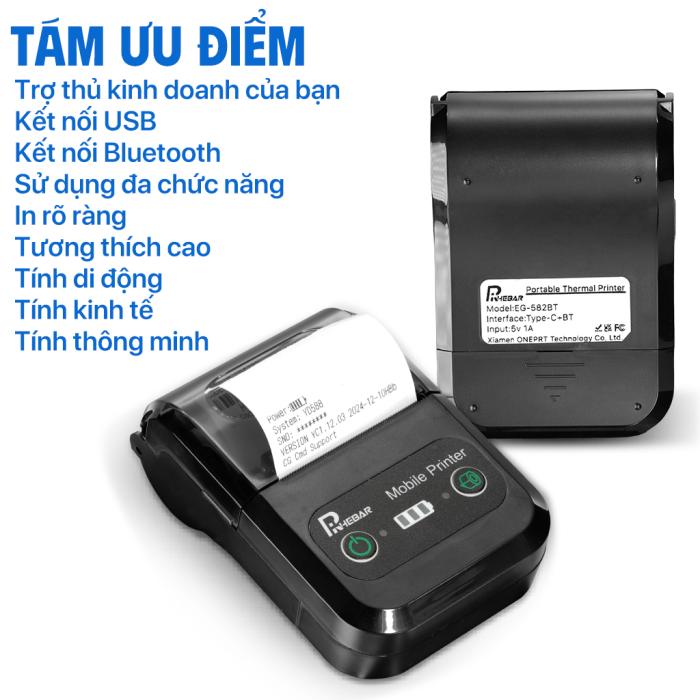 Rhebar Máy In 58mm – In Nhanh 90mm/s, Hóa Đơn Sắc Nét - Hỗ Trợ Mọi POS, In Nhanh – Pin Khủng – Bền Bỉ -In 203dpi - Dễ Sử Dụng