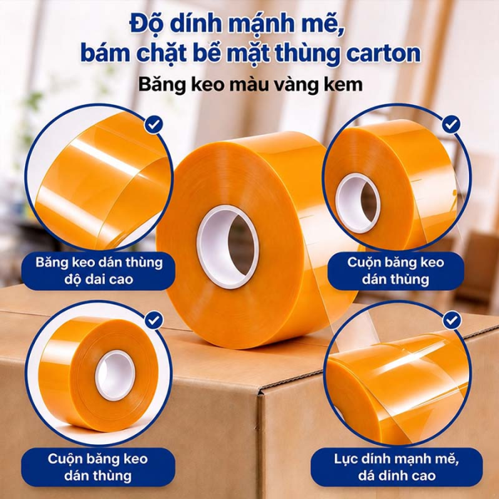 Băng Keo D&aacute;n Th&ugrave;ng M&agrave;u V&agrave;ng Kem Cao Cấp - Băng D&iacute;nh Đ&oacute;ng H&agrave;ng BOPP Si&ecirc;u B&aacute;m D&iacute;nh, Độ Dai Cao Kh&oacute; Đứt