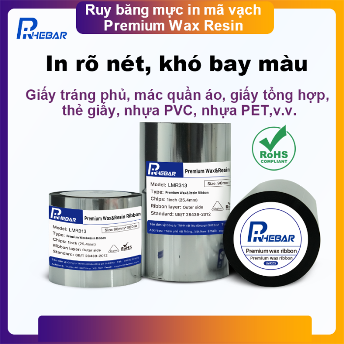 Rhebar Ruy băng mực in mã vạch Premium Wax Resin LMR313 HD 110mmx300m Chống Trầy Xước In Rõ Nét Tương Thích Zebra TSC RoHS Compliant
