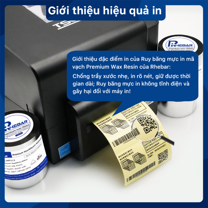 Rhebar Ruy băng mực in mã vạch Premium Wax Resin LMR313 HD 110mmx300m Chống Trầy Xước In Rõ Nét Tương Thích Zebra TSC RoHS Compliant
