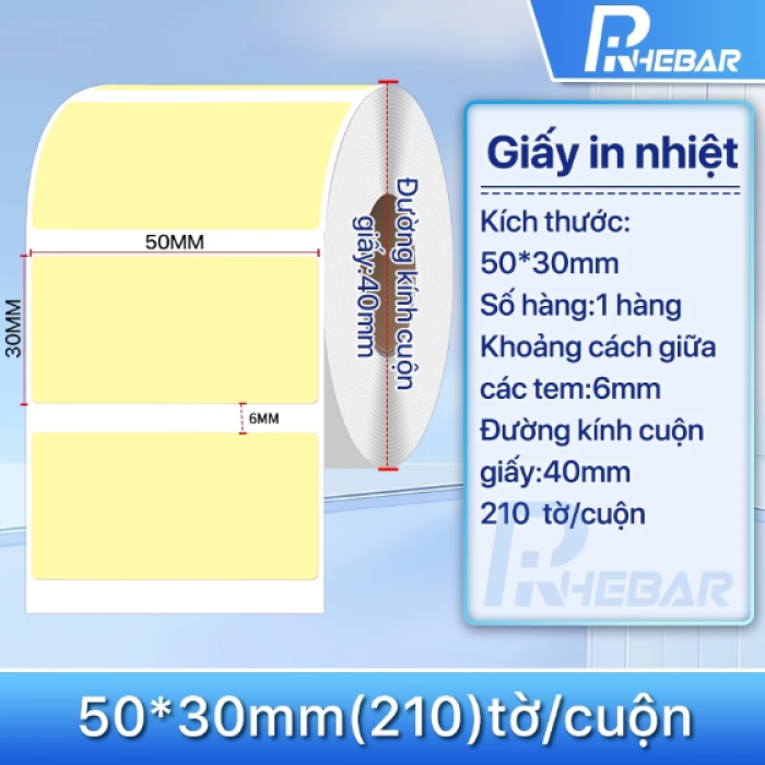 Rhebar Giấy in tem Nhiệt chống nước không dễ bị xé rách kích thước 40x30mm 50x30mm 50x50mm 50x80mm Nhãn logo, nhãn nh
