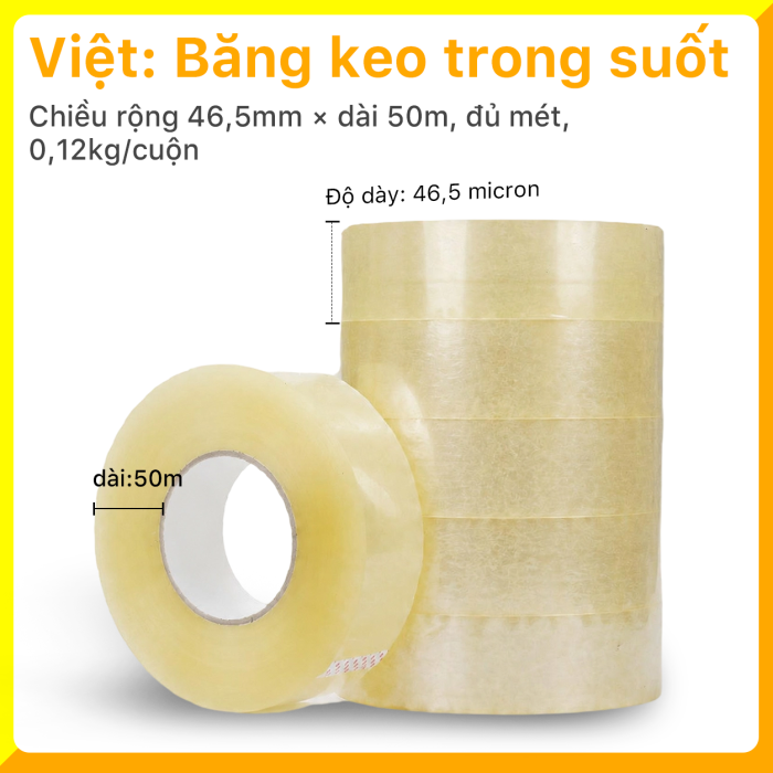 Băng Keo PE Trong Suốt RHEBAR 46.5mm Đủ M&eacute;t D&aacute;n Th&ugrave;ng Carton Độ D&iacute;nh Cao 50m 90m 340m 60 Micron