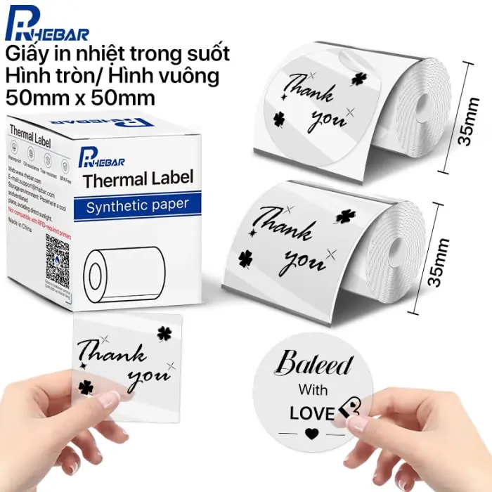 Rhebar Decal Nhiệt Trong Suốt 50mm Tròn & Vuông Tương Thích B21 110 Tờ/Cuộn Chống Trầy