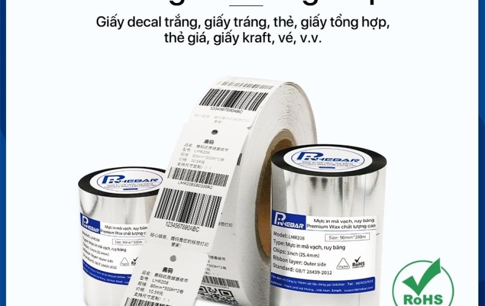 Rhebar Mực in mã vạch Premium Wax Ribbon  LMR208 chất lượng cao 110mm*300m & 70mm*300m in rõ nét không dễ phai RoHS compliant cho giấy decal trắng và thẻ