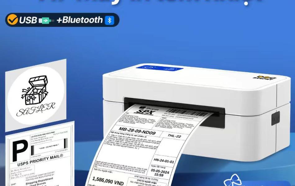 RHEBAR Máy in nhiệt A7 in đơn hàng, mã vận đơn, mã vạch, phiếu gửi hàng, logo có sẵn lớp keo tự dính,Bluetooth