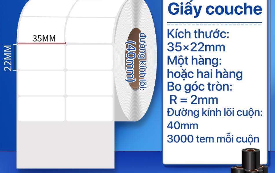 Giấy Couche In Tem Nh&atilde;n Rhebar &ndash; 35mm x 22mm-3000 tem &ndash; In M&atilde; Vạch Sắc N&eacute;t &ndash; D&ugrave;ng Với Mực Ribbon