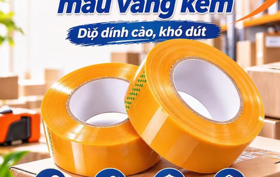 Băng Keo D&aacute;n Th&ugrave;ng M&agrave;u V&agrave;ng Kem Cao Cấp - Băng D&iacute;nh Đ&oacute;ng H&agrave;ng BOPP Si&ecirc;u B&aacute;m D&iacute;nh, Độ Dai Cao Kh&oacute; Đứt