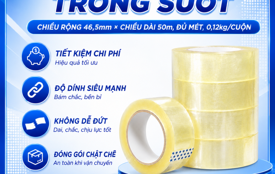 Băng Keo PE Trong Suốt RHEBAR 46.5mm Đủ M&eacute;t D&aacute;n Th&ugrave;ng Carton Độ D&iacute;nh Cao 50m 90m 340m 60 Micron