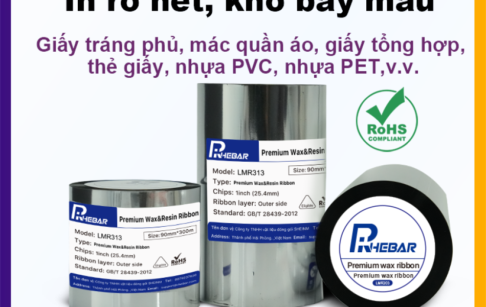 Rhebar Ruy băng mực in mã vạch Premium Wax Resin LMR313 HD 110mmx300m Chống Trầy Xước In Rõ Nét Tương Thích Zebra TSC RoHS Compliant