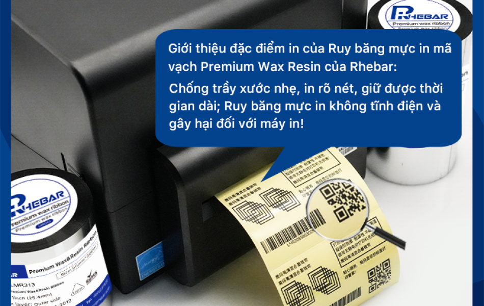 Rhebar Ruy băng mực in mã vạch Premium Wax Resin LMR313 HD 110mmx300m Chống Trầy Xước In Rõ Nét Tương Thích Zebra TSC RoHS Compliant