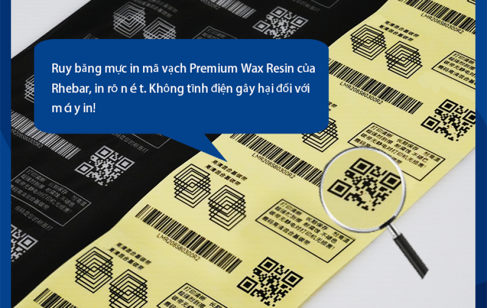 Rhebar Ruy băng mực in mã vạch Premium Wax Resin LMR313 HD 110mmx300m Chống Trầy Xước In Rõ Nét Tương Thích Zebra TSC RoHS Compliant