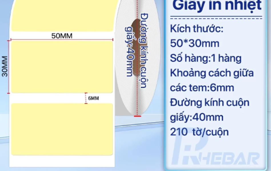 Rhebar Giấy in tem Nhiệt chống nước không dễ bị xé rách kích thước 40x30mm 50x30mm 50x50mm 50x80mm Nhãn logo, nhãn nh