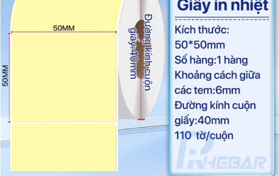 Rhebar Giấy in tem Nhiệt chống nước không dễ bị xé rách kích thước 40x30mm 50x30mm 50x50mm 50x80mm Nhãn logo, nhãn nh